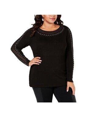 Belldini Studded Mesh-Inset Tunic Sweater Black Plus Size 1X MSRP $59